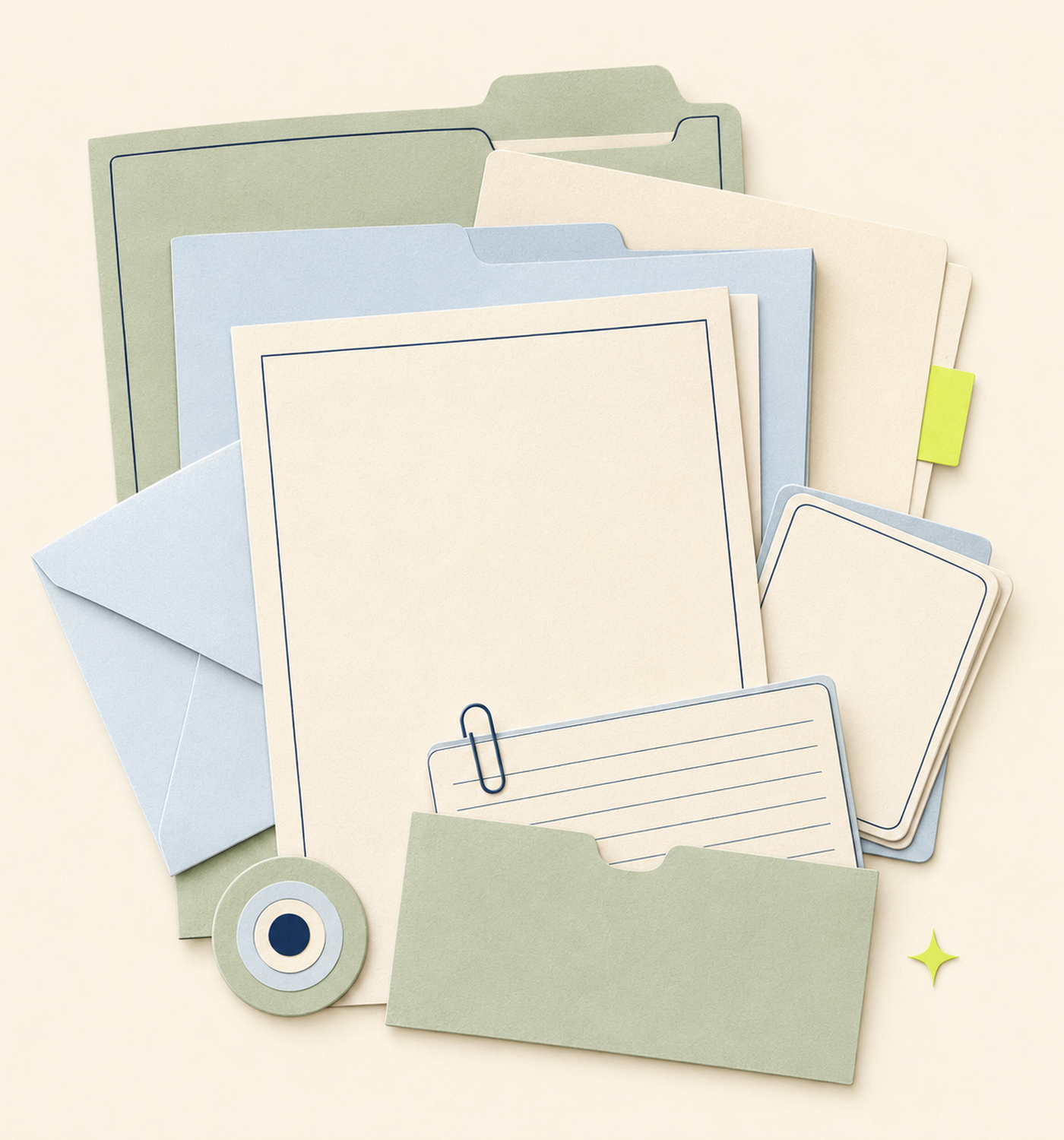 Pastas, envelopes e documentos organizados para arquivamento